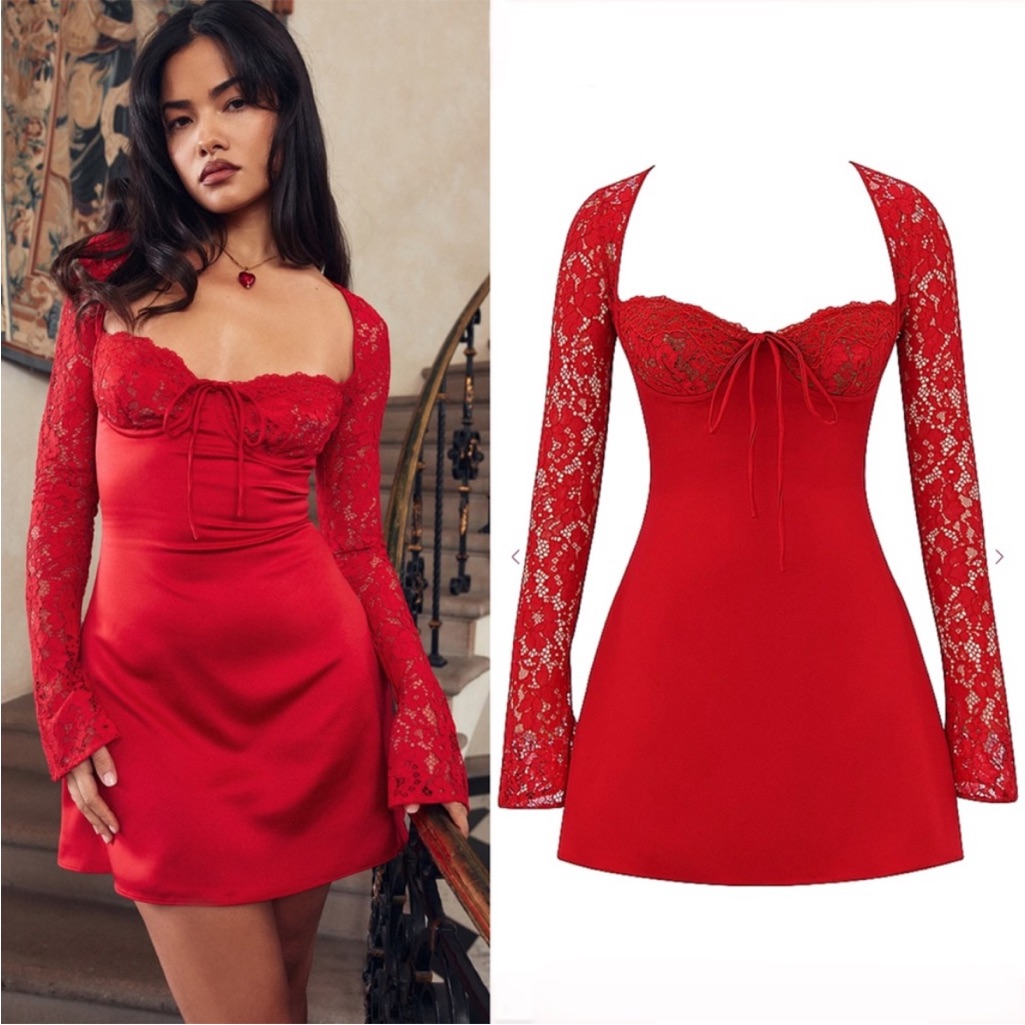 House Of Cb Jennica Red Rose Satin And Lace Mini Dress